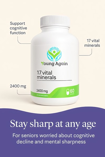 A clean, educational ad featuring a cognitive supplement bottle with clear call-outs for key benefits and ingredient counts.